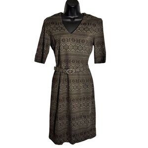 W By Worth Artsy Brown Patterned V-Neck Belted Dress Size 2